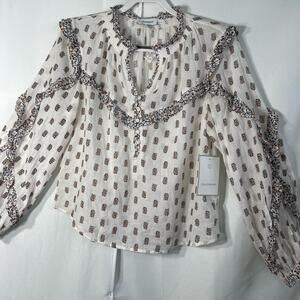 Calligraphie White V-Neck Long Sleeves Ruffle Floral Blouse Size Medium